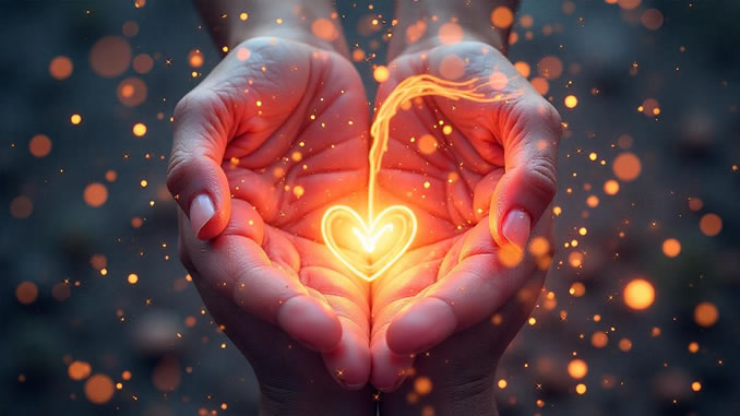 Liebe und Spiritualität ein flammendes Herz in Händen