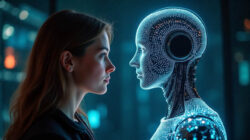 Maschinenbewusstsein Frau und Roboter gegenüber