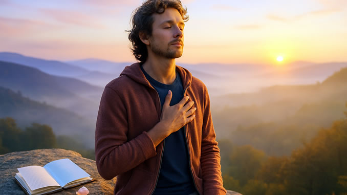ein Mann auf einem Felsen mit der Hand auf dem herz
