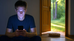 social media junger Mann mit Handy vor geöffneter Gartentür