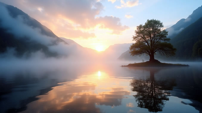 ein See liegt im Nebel in der Bergen mit einem Baum