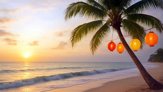 Lampions hängen in einer Palme am Strand