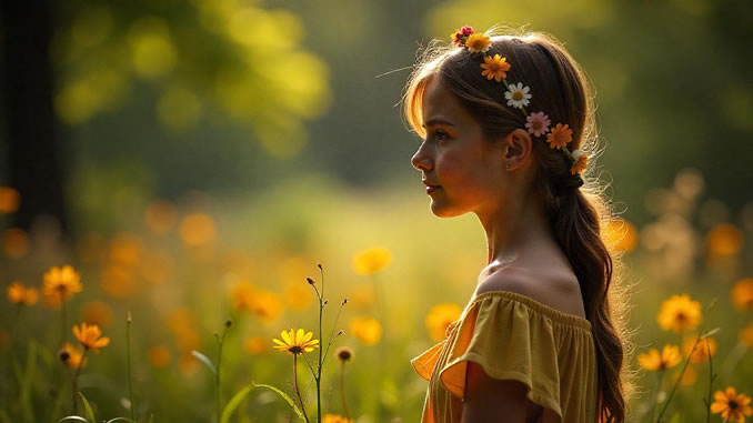 Die Weisheit des Junis erkennt ein Mädchen auf einer Blumenwiese