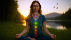 Tantra ist eine spirituelle Disziplin eine Frau in Meditation mit sichtbaren Chakren