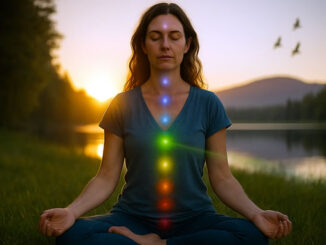 eine Frau in Meditation mit sichtbaren Chakren