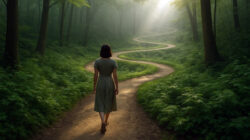 Selbstreflexion lernen eine Frau geht einen gewundenen Pfad im Wald