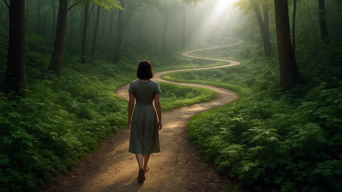 Spirituelle Selbsterkenntnis eine Frau geht einen gewundenen Pfad im Wald