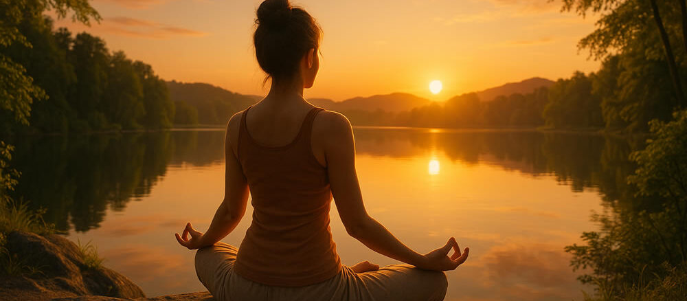 Meditation einer Frau im Wald am See