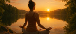 Hinduistische Götterwelt Meditation einer Frau im Wald am See