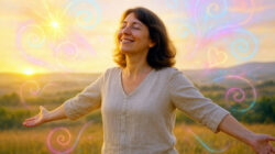 Begeisterung Frau geniesst Sonne und Licht in der Natur