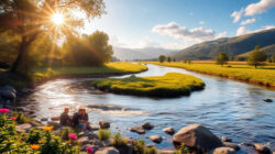 Stille wird von dieser Gruppe am Fluss genossen