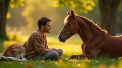 Welche Fragen kann man bei einer Tierkommunikation stellen Mann Pferd Hund