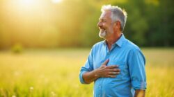 Stress als spirituelles Entwicklungssignal Mann in Natur mit Hand auf der Brust