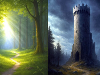 heller schöner Waldweg versus dunkler Turm