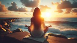 Atembewusstsein medierende Frau am Meer Sonnenaufgang