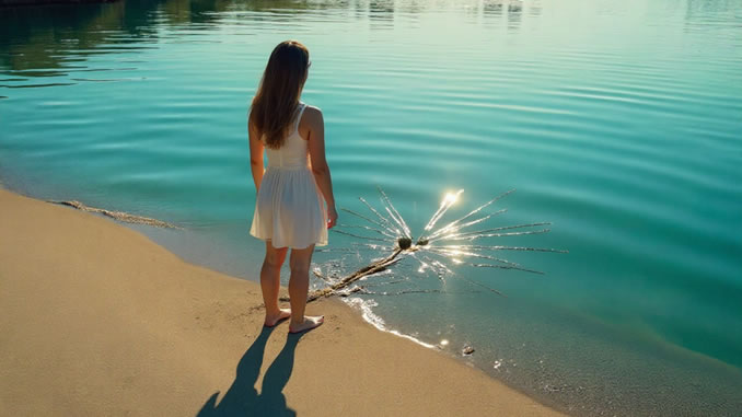 Frau steht am See und schaut in ihr zerbrochenes Spiegelbild