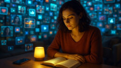 Spirituelle Buch-Empfehlungen eine Frau liest ruhig ein Buch vor dem Hintergrund von social Media Symbolen
