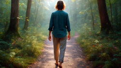 Mindset stärken frau geht barfuß durch den Wald