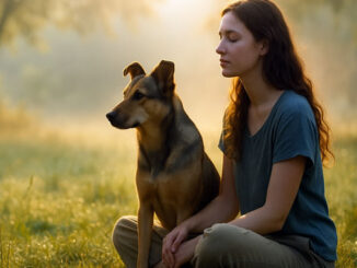 Frau mit Hund in der Natur in einer Mediation