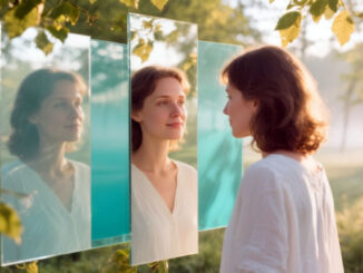 Frau in der Natur vor einer Spiegelwand