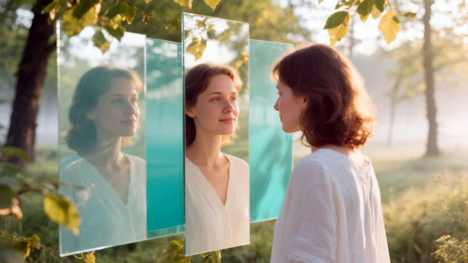 Frau in der Natur vor einer Spiegelwand