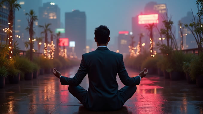 Meditation und Achtsamkeit eines Mannes, der auf der Straße sitzt