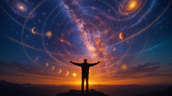 Kosmische Rhythmen erkennt ein Mann auf einem Berg
