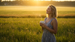 Ferrum phosphoricum Frau mit Tasse Tee auf einer Wiese