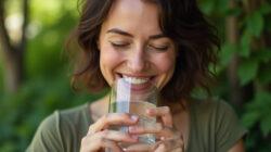 Wasser als Informationsfeld eine Frau trinkt mit Freude ein Glas Wasser