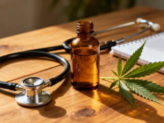 Cannabis Blatt neben einem Stethoskop