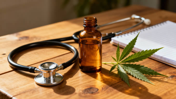 Cannabis Blatt neben einem Stethoskop