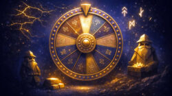 altes Glücksrad mit Zwergen und Gold