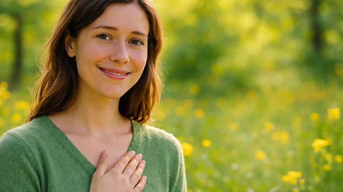 Spirituelle Führung im Alltag junge Frau nach Meditation mit ihrem Geistführer