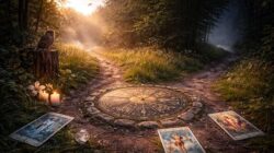 Weggabelung im Wald mit Elementen aus dem Tarot und das Jahr 2026