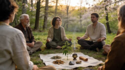 Cannabis und Spiritualität Gruppe auf einer Wiese beim Ritual