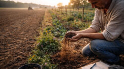 Neue Landwirtschaftsmodelle Bauer prüft Ackerboden