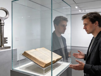 Mann mit altem Buch und großem Schlüssel im Museum
