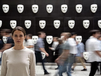 Frau vor einer Maskenwand