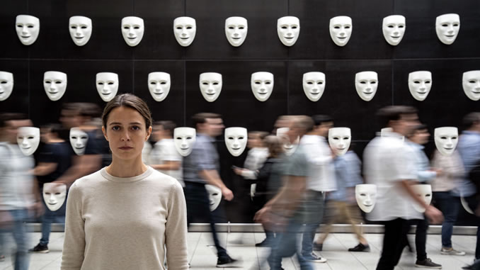 Frau vor einer Maskenwand
