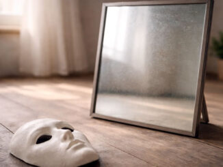 Maske vor einem blinden Spiegel auf dem Holzboden