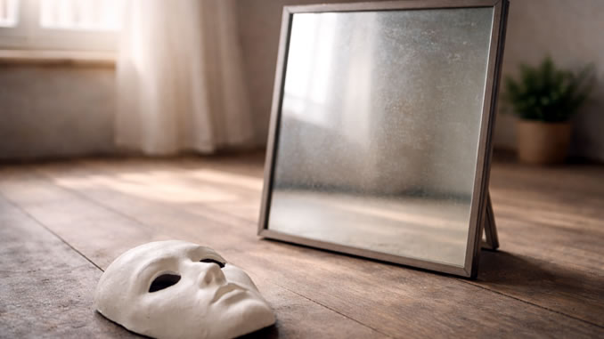 Maske vor einem blinden Spiegel auf dem Holzboden