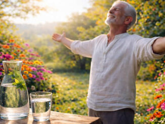 Fröhlicher Mann bei Wasser Trinken