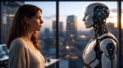 Spirituelle Intelligenz Frau und Roboter im Labor
