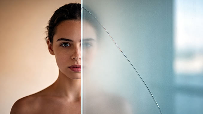 Spiegelung einer Frau hinter Glas