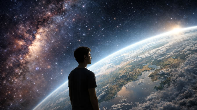 ein Mensch betrachtet den Planeten