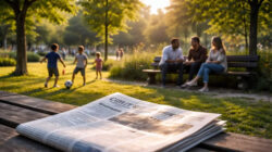 Was Medien nicht erzählen Tisch mit Zeitung und Menschen im Park