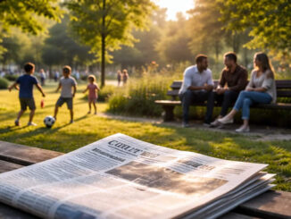 Tisch mit Zeitung und Menschen im Park