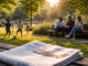 Tisch mit Zeitung und Menschen im Park