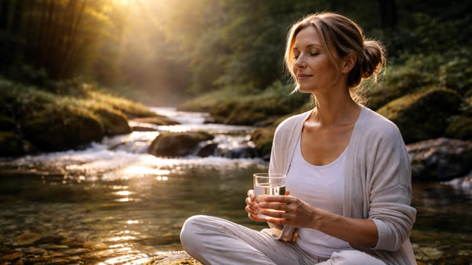 Weisheit des Wassers Meditation am Waldstrom bei Sonnenaufgang