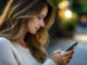 Junge Frau mit Smartphone im Abendlicht